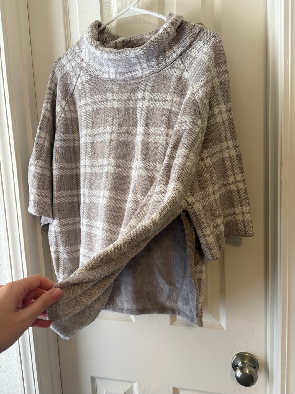 LOFT Plaid Cowl-Neck Sweater in Taupe and Cream - Picture 2 of 3